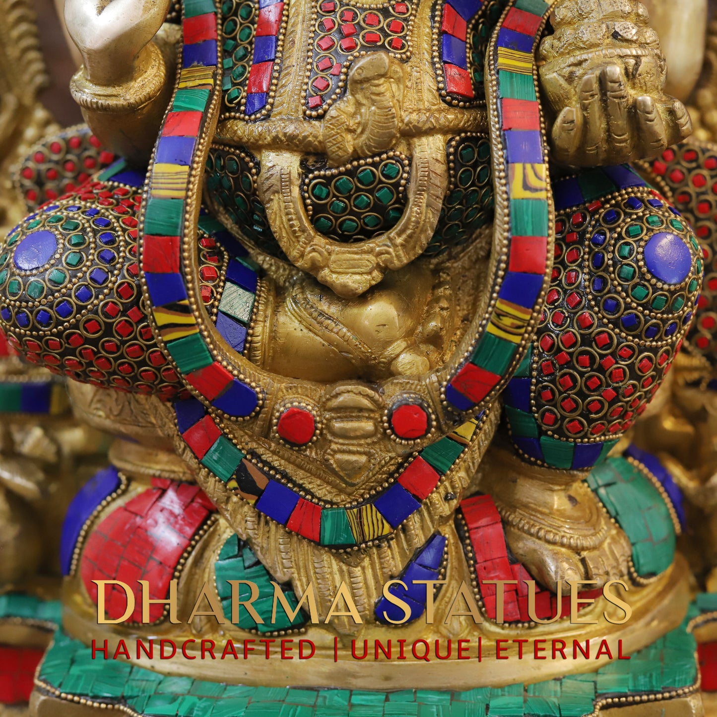 Brass Ganesh seated on Throne, Blessing Position, Golden & Stonework, 18"