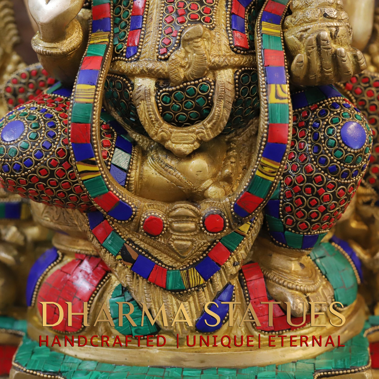 Brass Ganesh seated on Throne, Blessing Position, Golden & Stonework, 18"