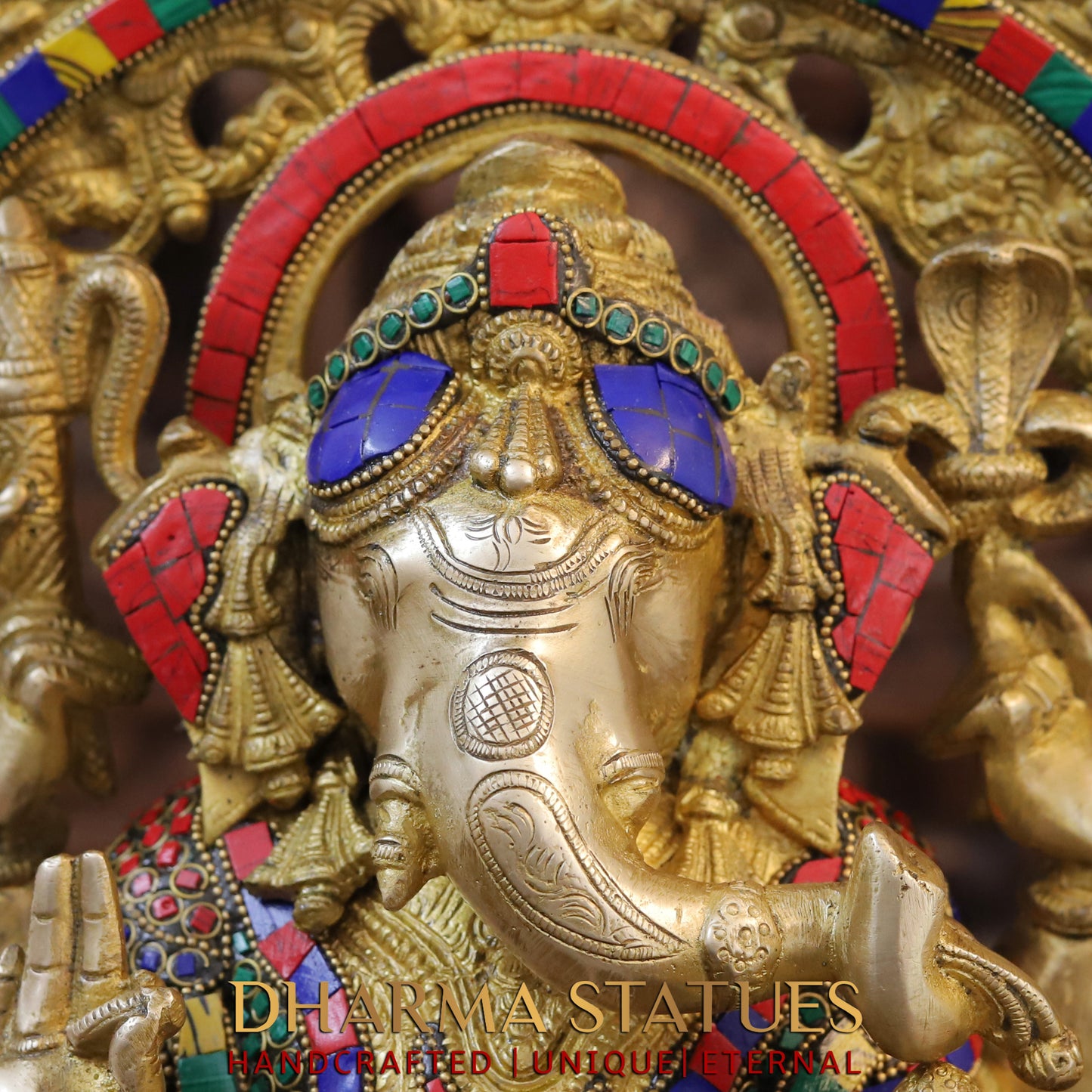 Brass Ganesh seated on Throne, Blessing Position, Golden & Stonework, 18"