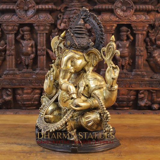Brass Ganesh Statue, Fine Golden and Brown Finish 19.5"