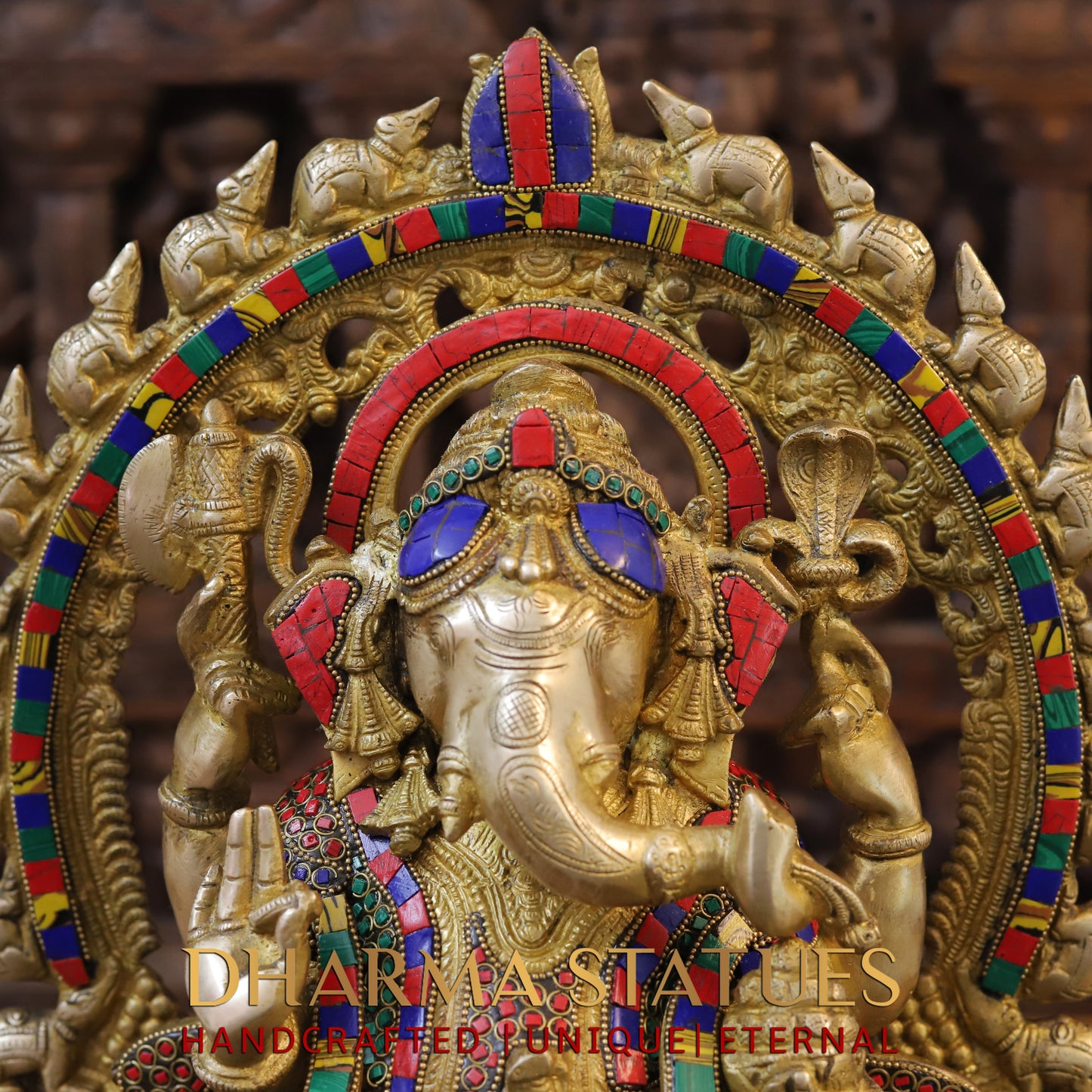 Brass Ganesh seated on Throne, Blessing Position, Golden & Stonework, 18"