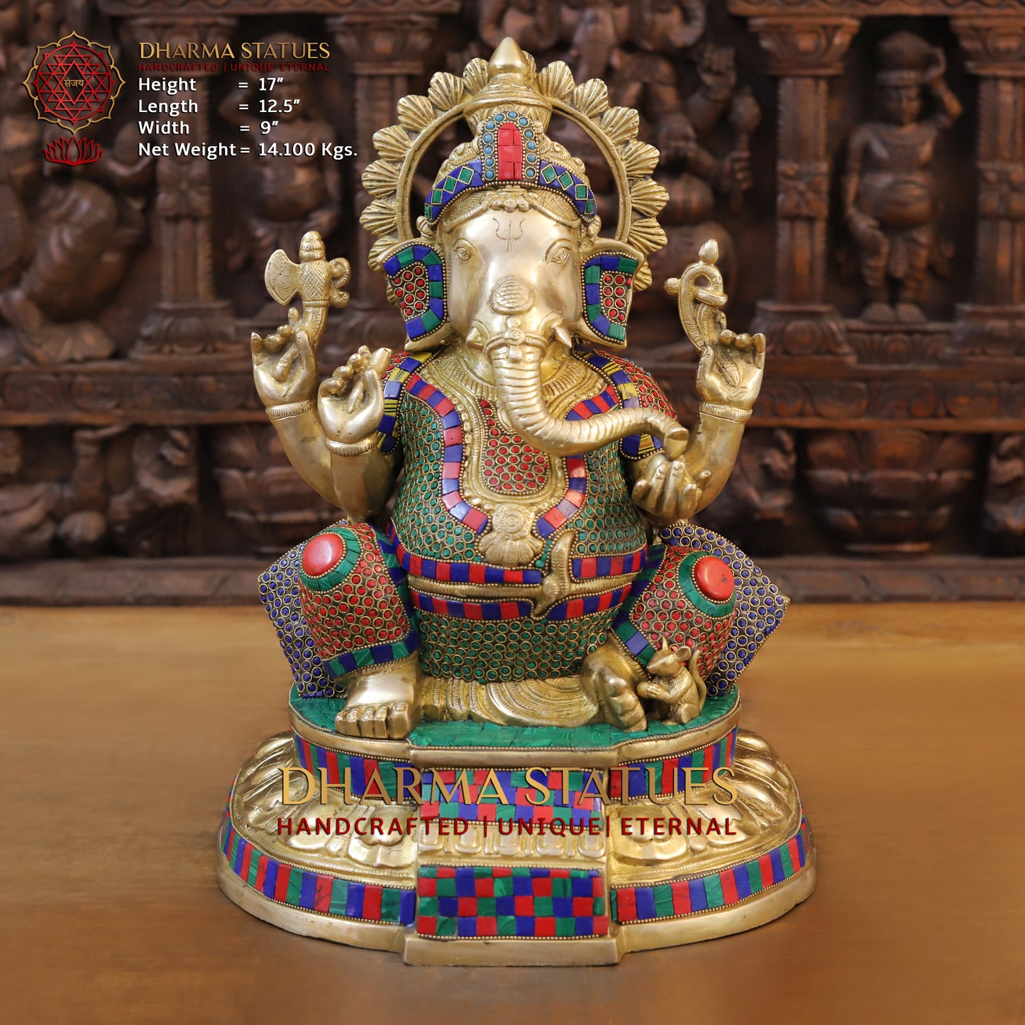 Brass Ganesh seated on Base, Golden & Stonework, 17"