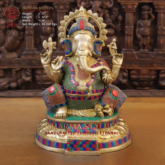 Brass Ganesh seated on Base, Golden & Stonework, 17"