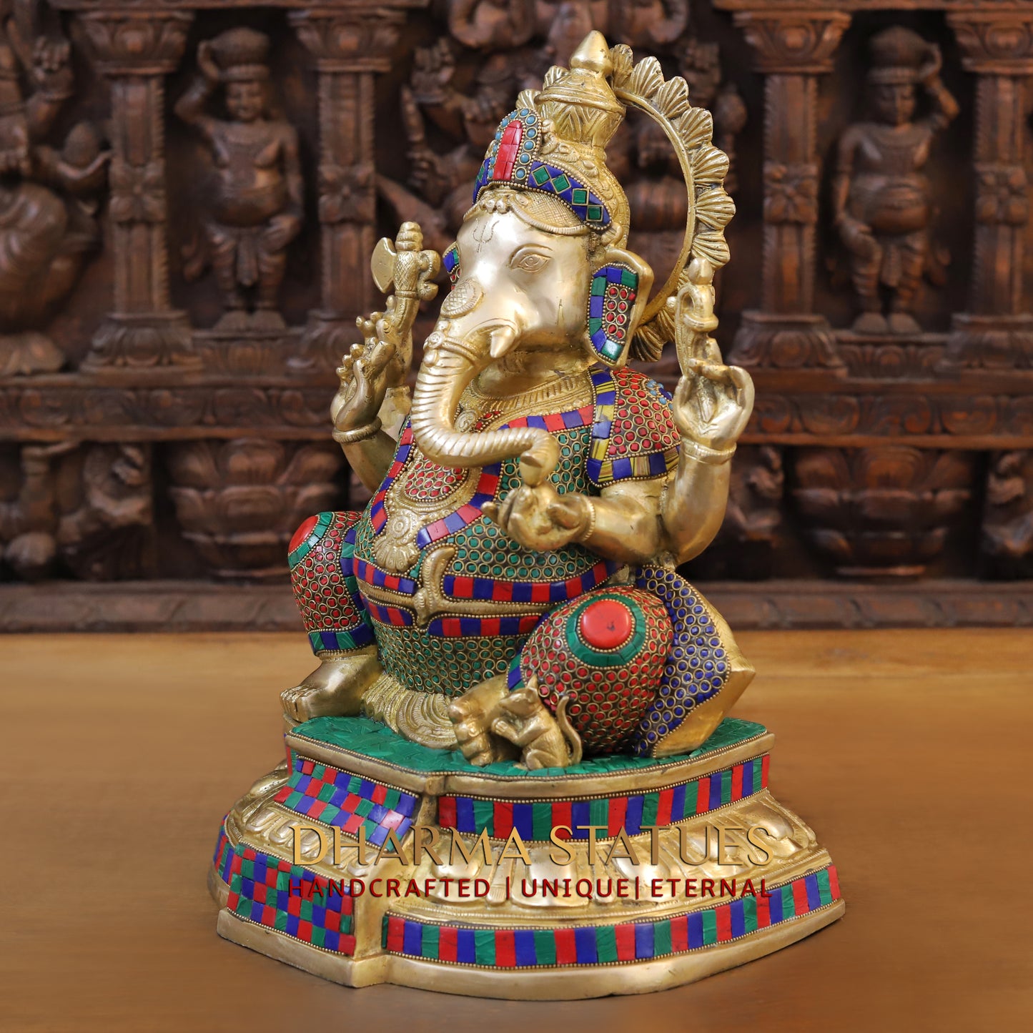 Brass Ganesh seated on Base, Golden & Stonework, 17"