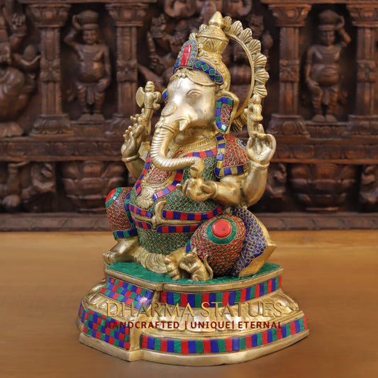 Brass Ganesh seated on Base, Golden & Stonework, 17"