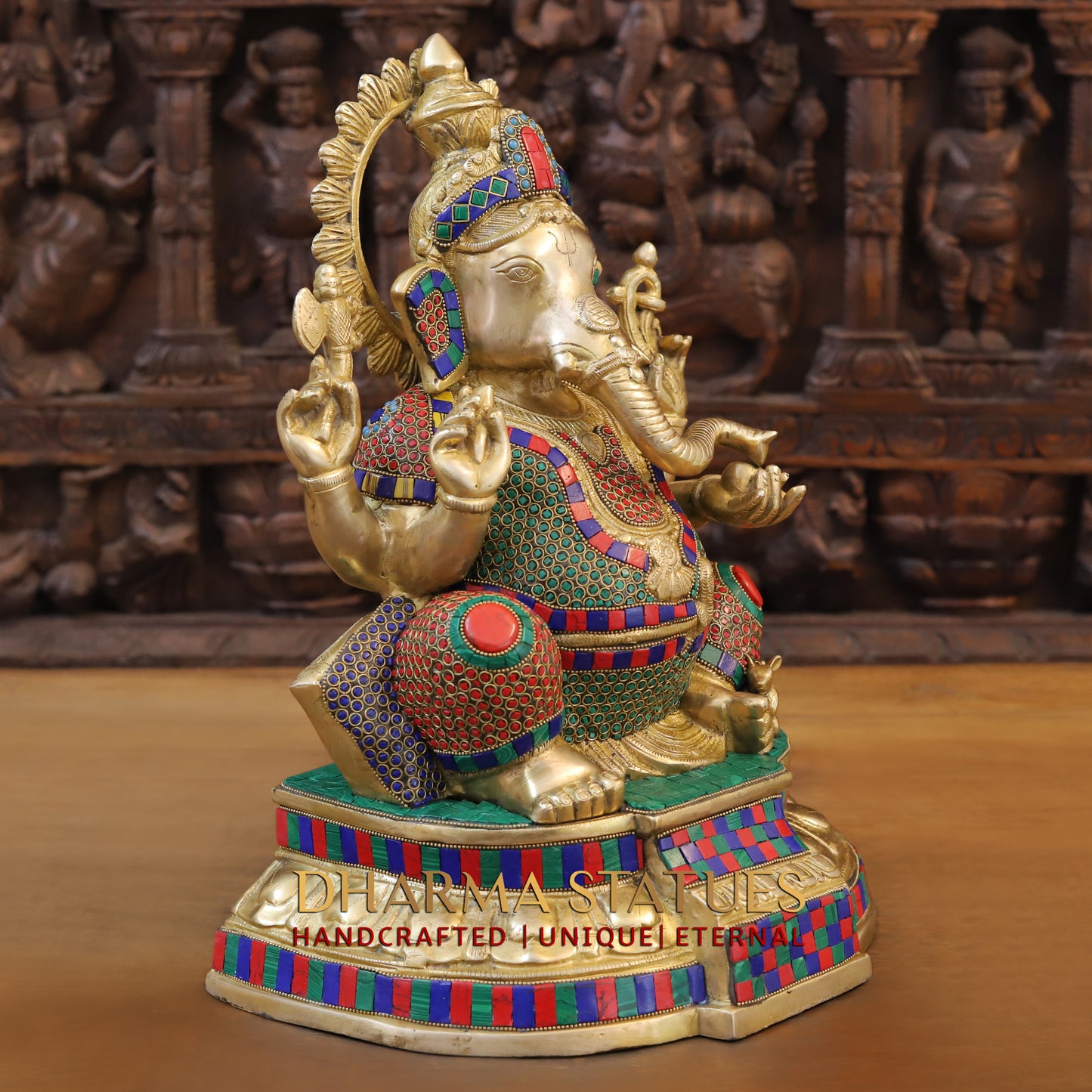 Brass Ganesh seated on Base, Golden & Stonework, 17"