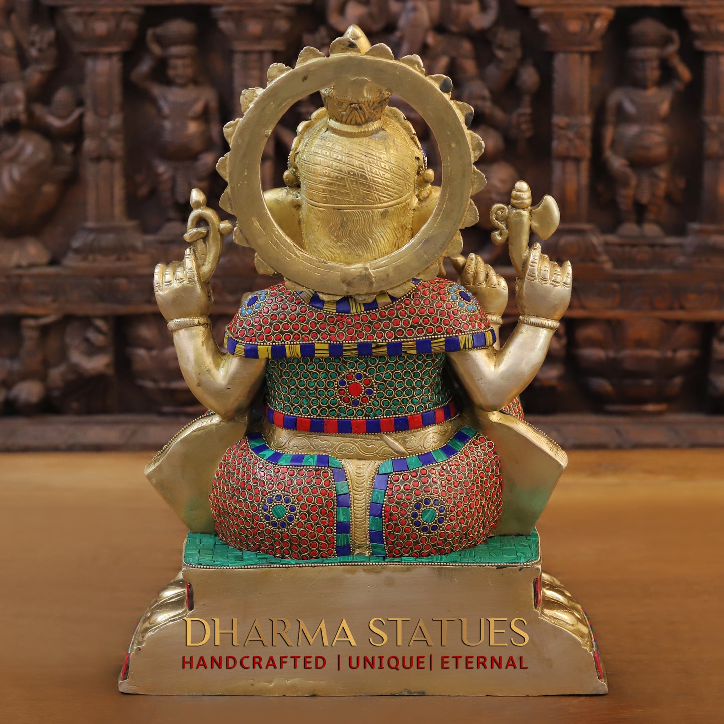 Brass Ganesh seated on Base, Golden & Stonework, 17"