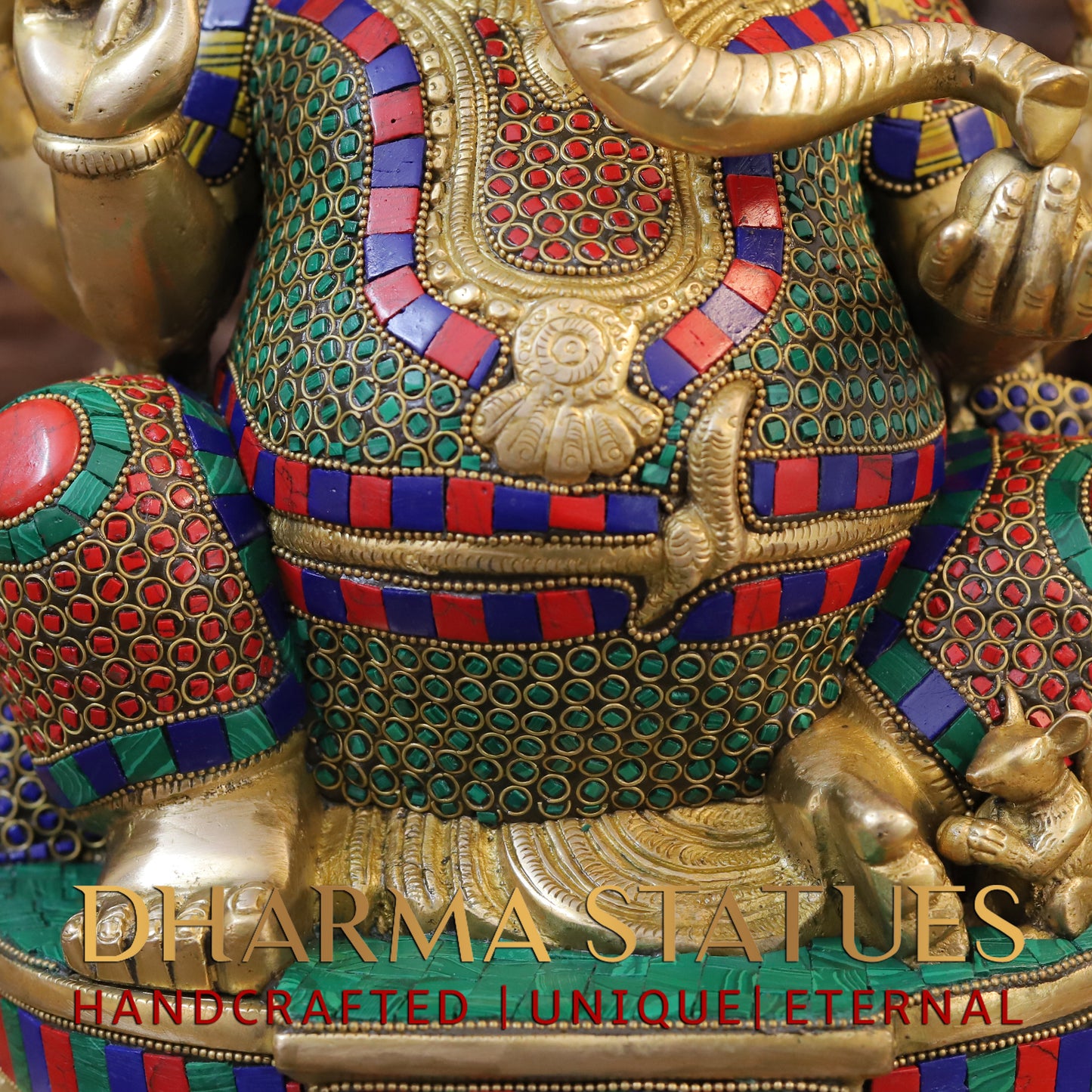 Brass Ganesh seated on Base, Golden & Stonework, 17"