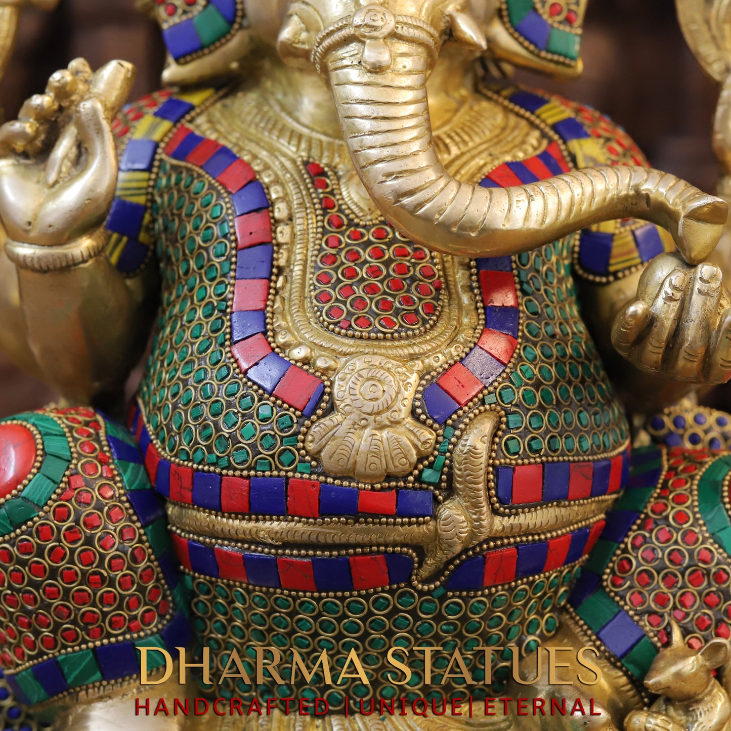 Brass Ganesh seated on Base, Golden & Stonework, 17"