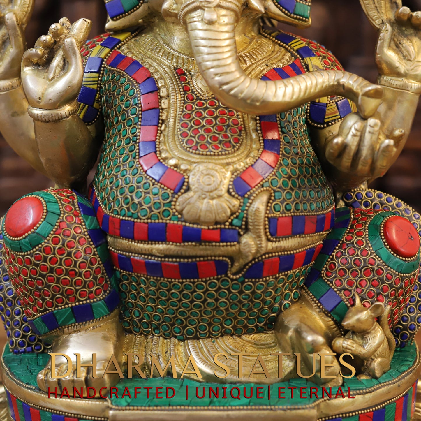 Brass Ganesh seated on Base, Golden & Stonework, 17"