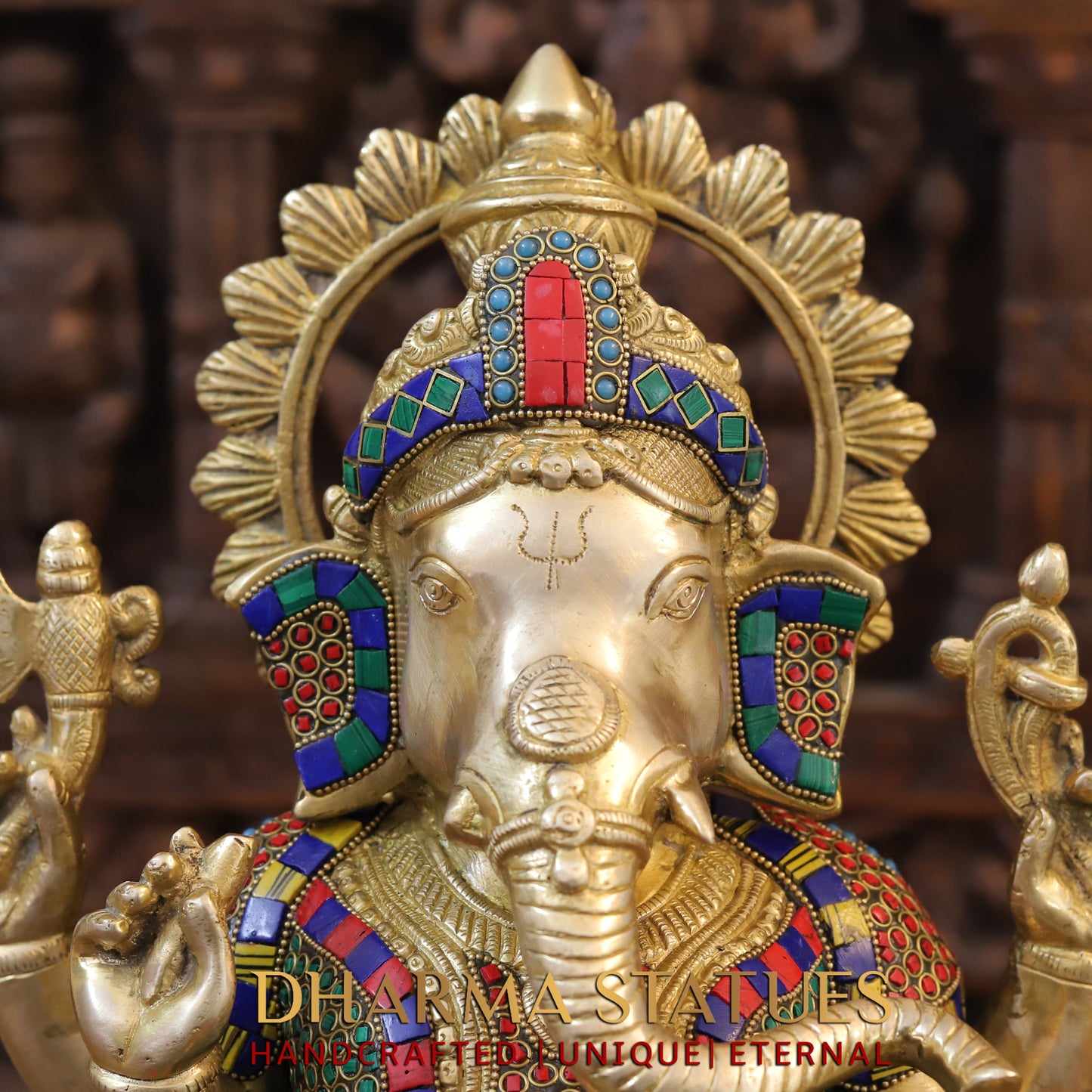 Brass Ganesh seated on Base, Golden & Stonework, 17"