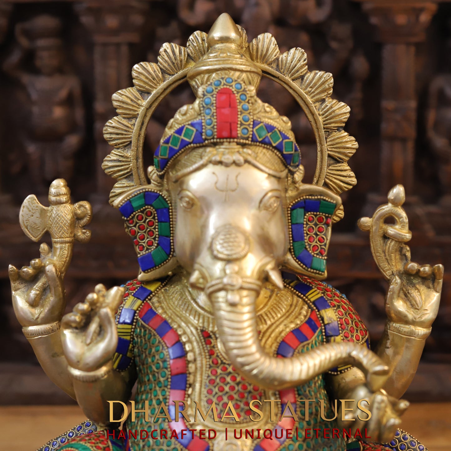 Brass Ganesh seated on Base, Golden & Stonework, 17"