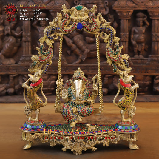 Brass Ganesh on Swing, Blessing Posture, Golden & Stonework, 18"