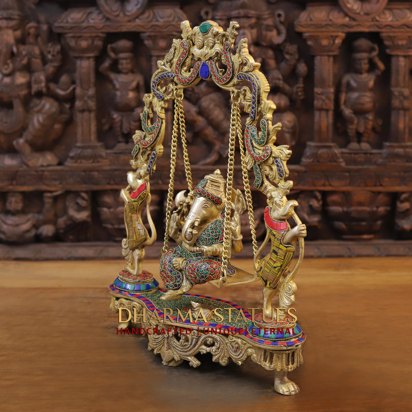 Brass Ganesh on Swing, Blessing Posture, Golden & Stonework, 18"