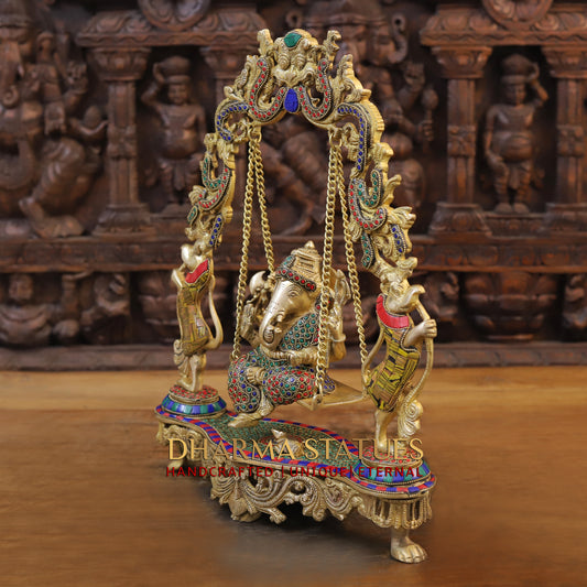 Brass Ganesh on Swing, Blessing Posture, Golden & Stonework, 18"