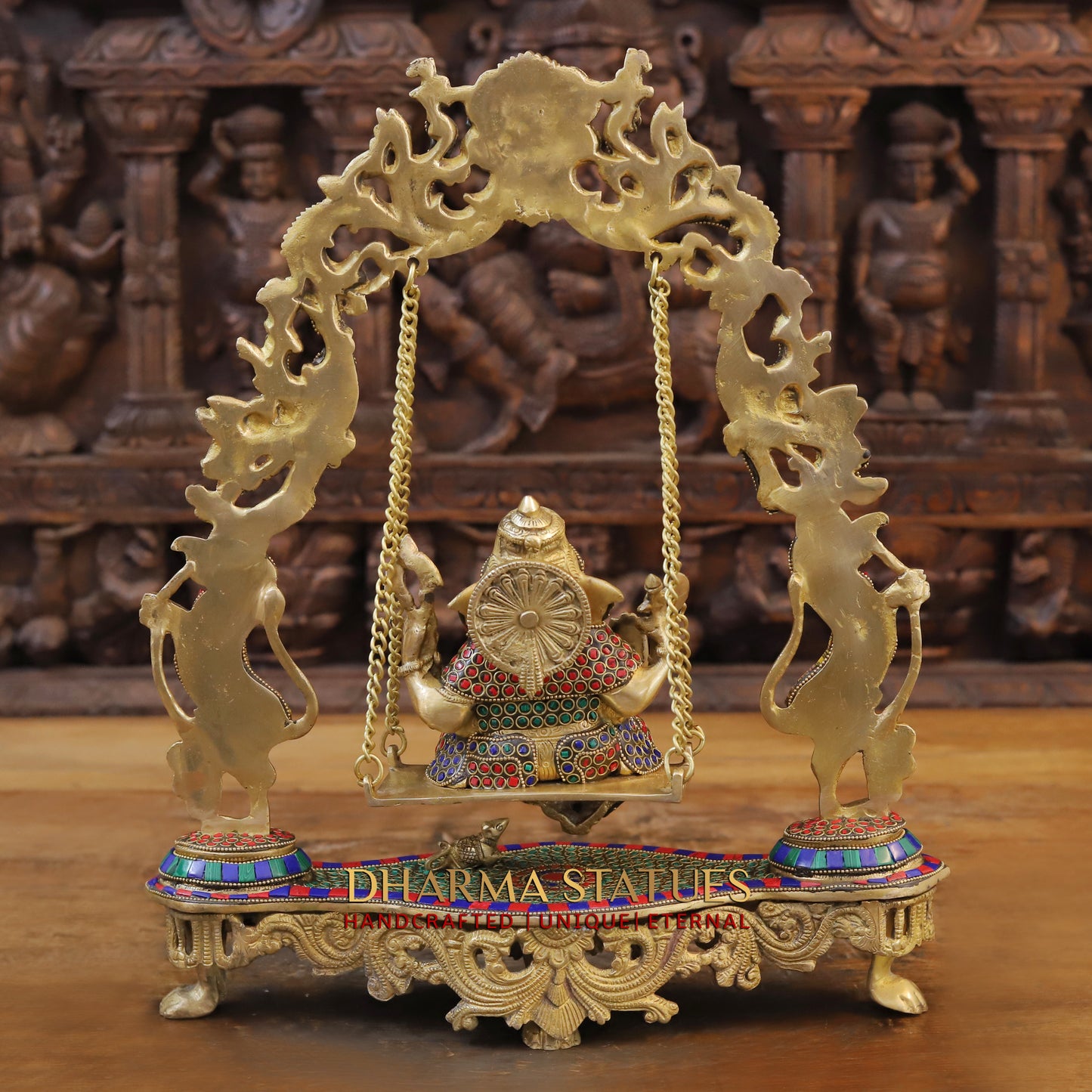 Brass Ganesh on Swing, Blessing Posture, Golden & Stonework, 18"
