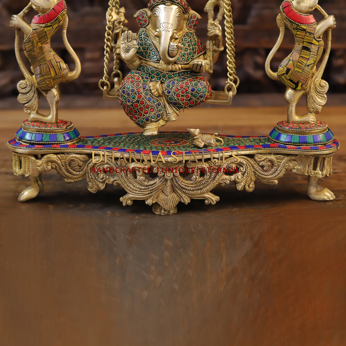 Brass Ganesh on Swing, Blessing Posture, Golden & Stonework, 18"