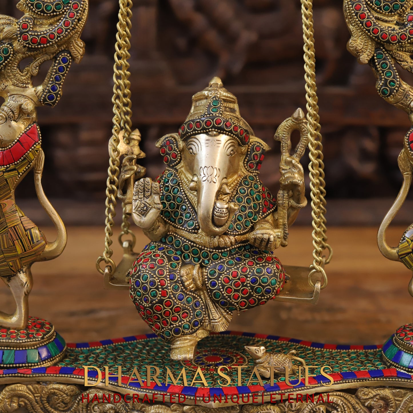 Brass Ganesh on Swing, Blessing Posture, Golden & Stonework, 18"