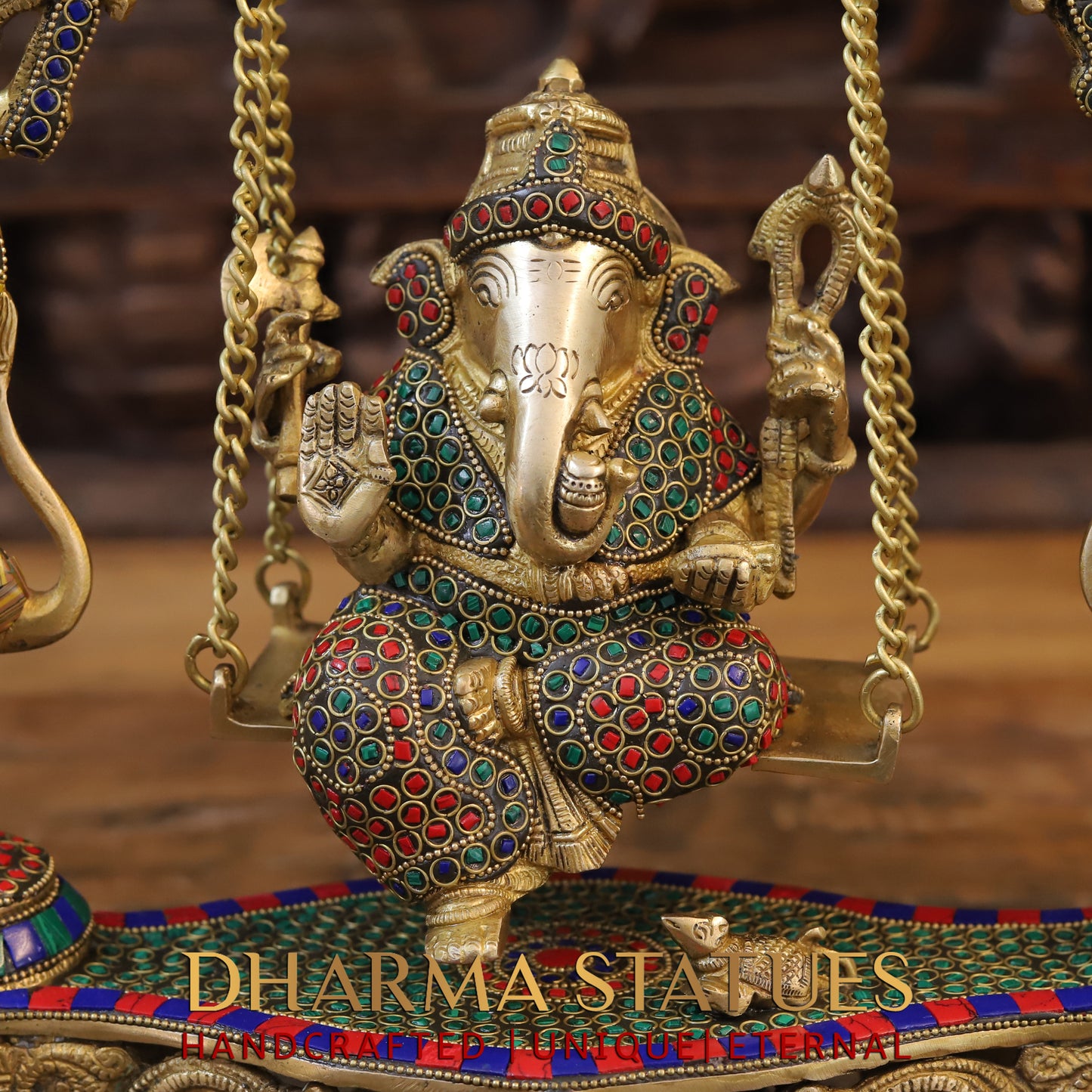 Brass Ganesh on Swing, Blessing Posture, Golden & Stonework, 18"