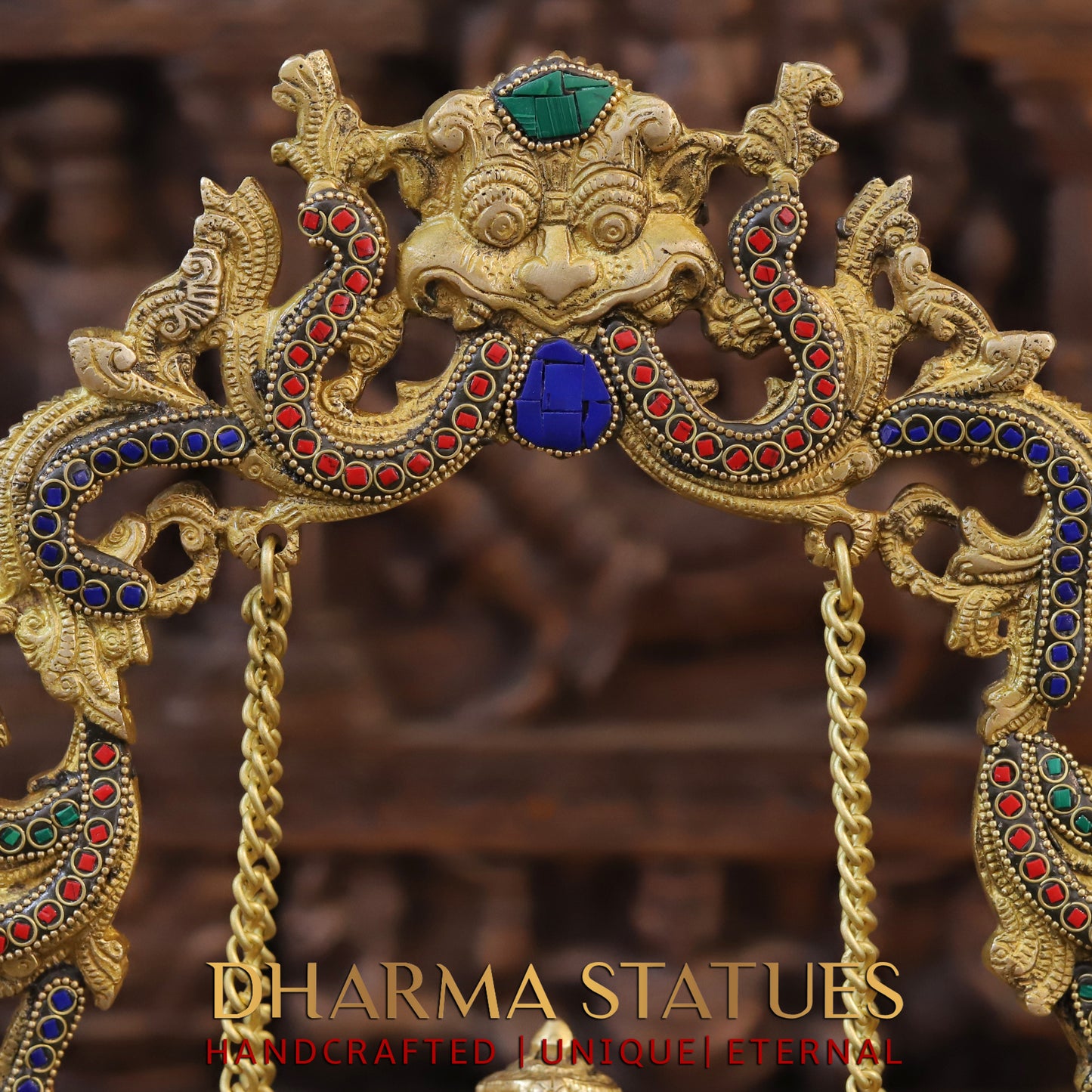 Brass Ganesh on Swing, Blessing Posture, Golden & Stonework, 18"