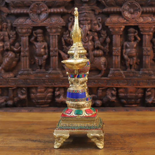 Brass Peacock Diya, Fine Stone and Golden Work 20"