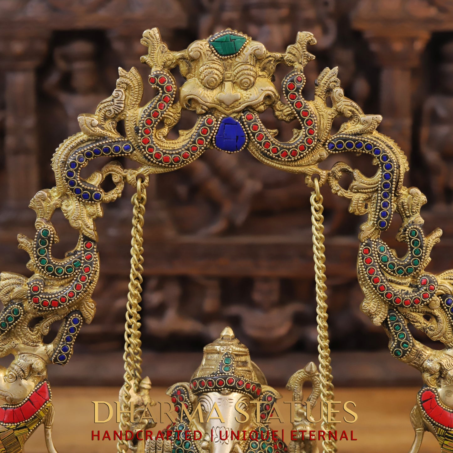 Brass Ganesh on Swing, Blessing Posture, Golden & Stonework, 18"