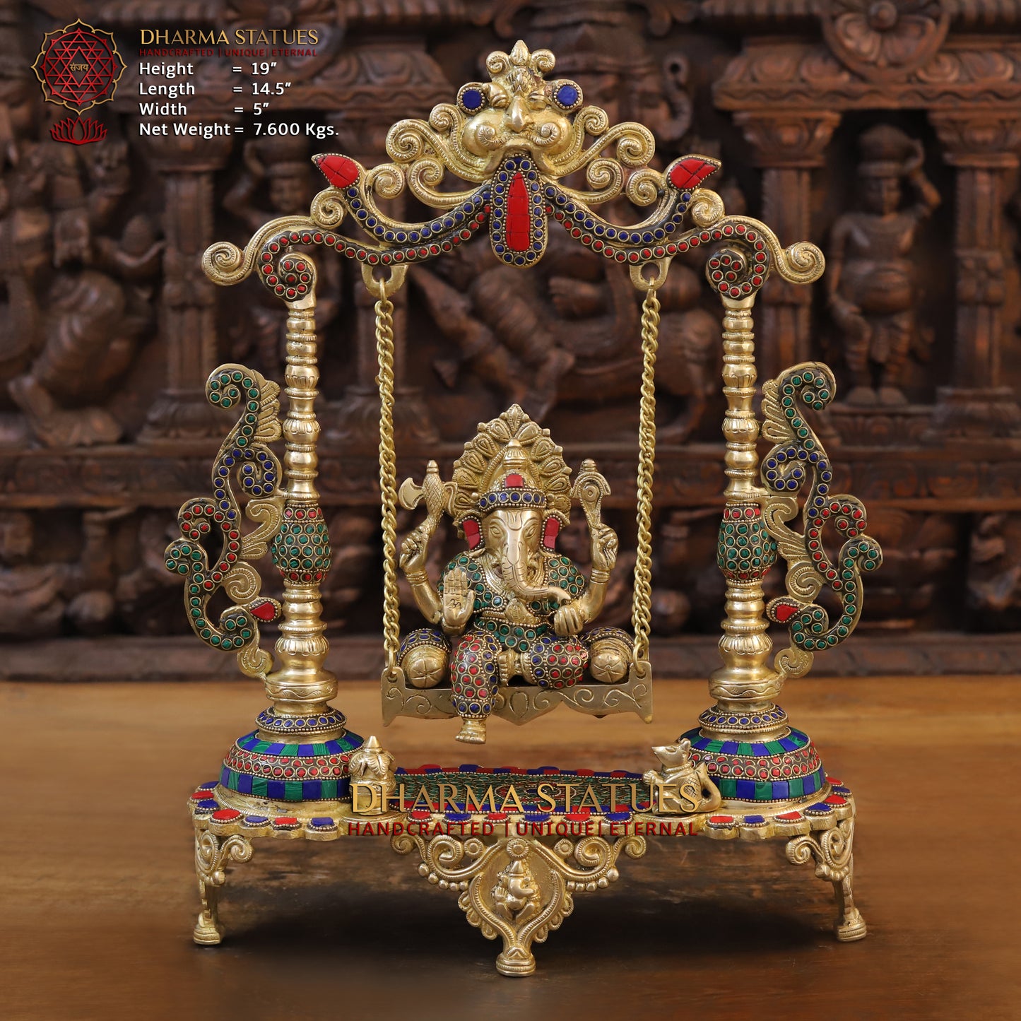 Brass Ganesh on Swing, Blessing Posture, Golden & Stonework, 19"
