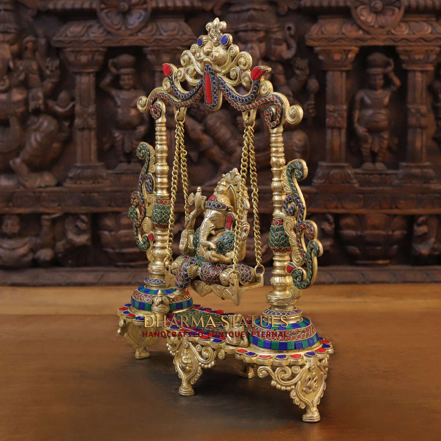 Brass Ganesh on Swing, Blessing Posture, Golden & Stonework, 19"