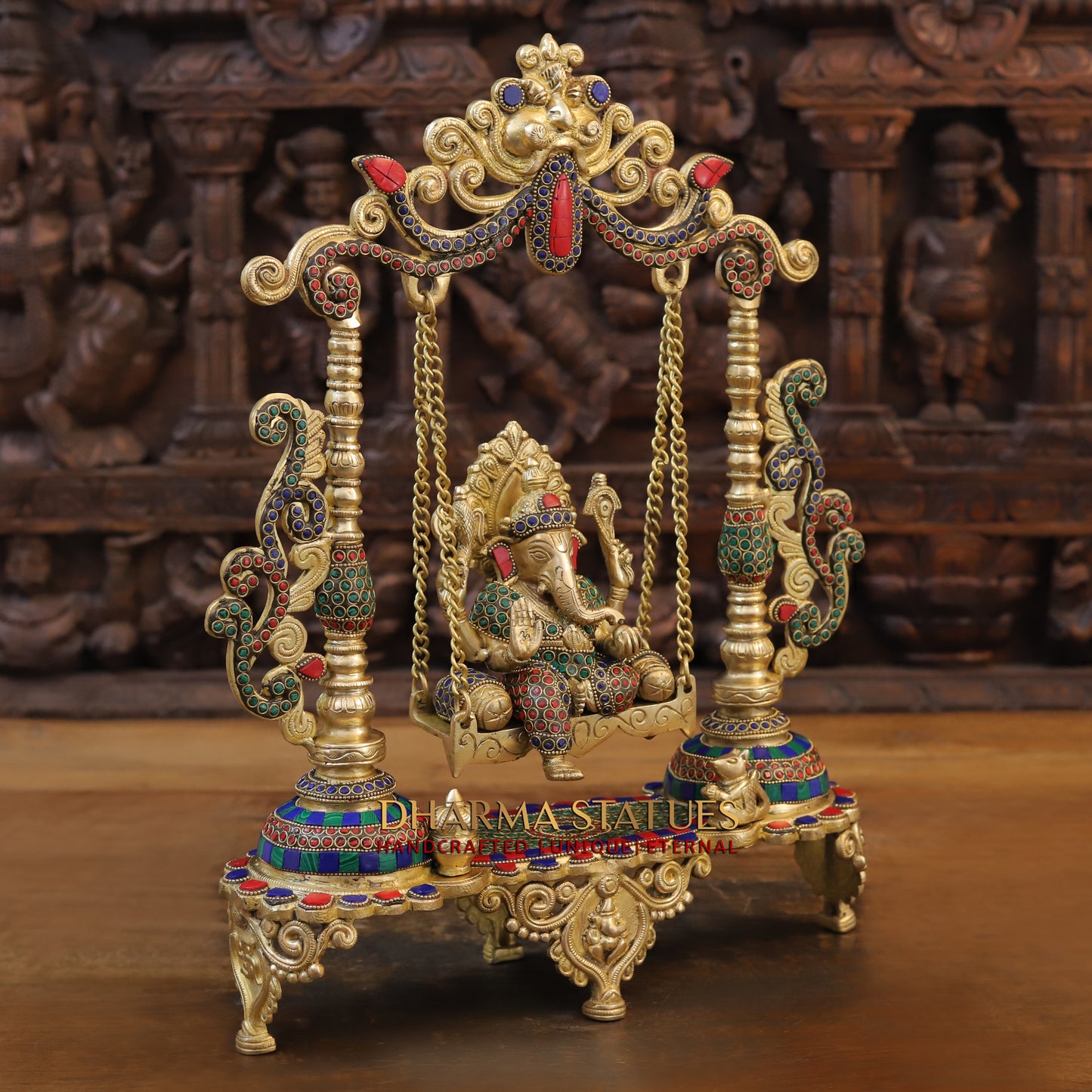 Brass Ganesh on Swing, Blessing Posture, Golden & Stonework, 19"