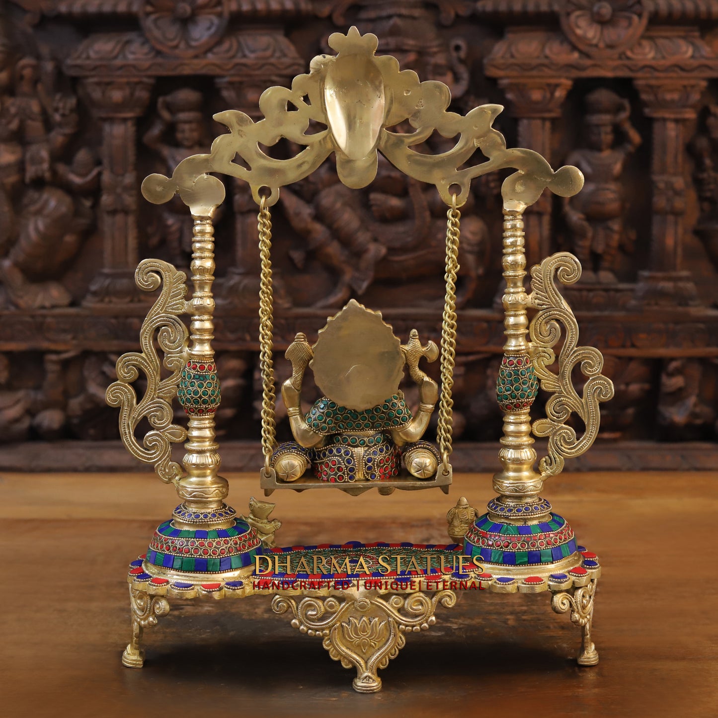 Brass Ganesh on Swing, Blessing Posture, Golden & Stonework, 19"