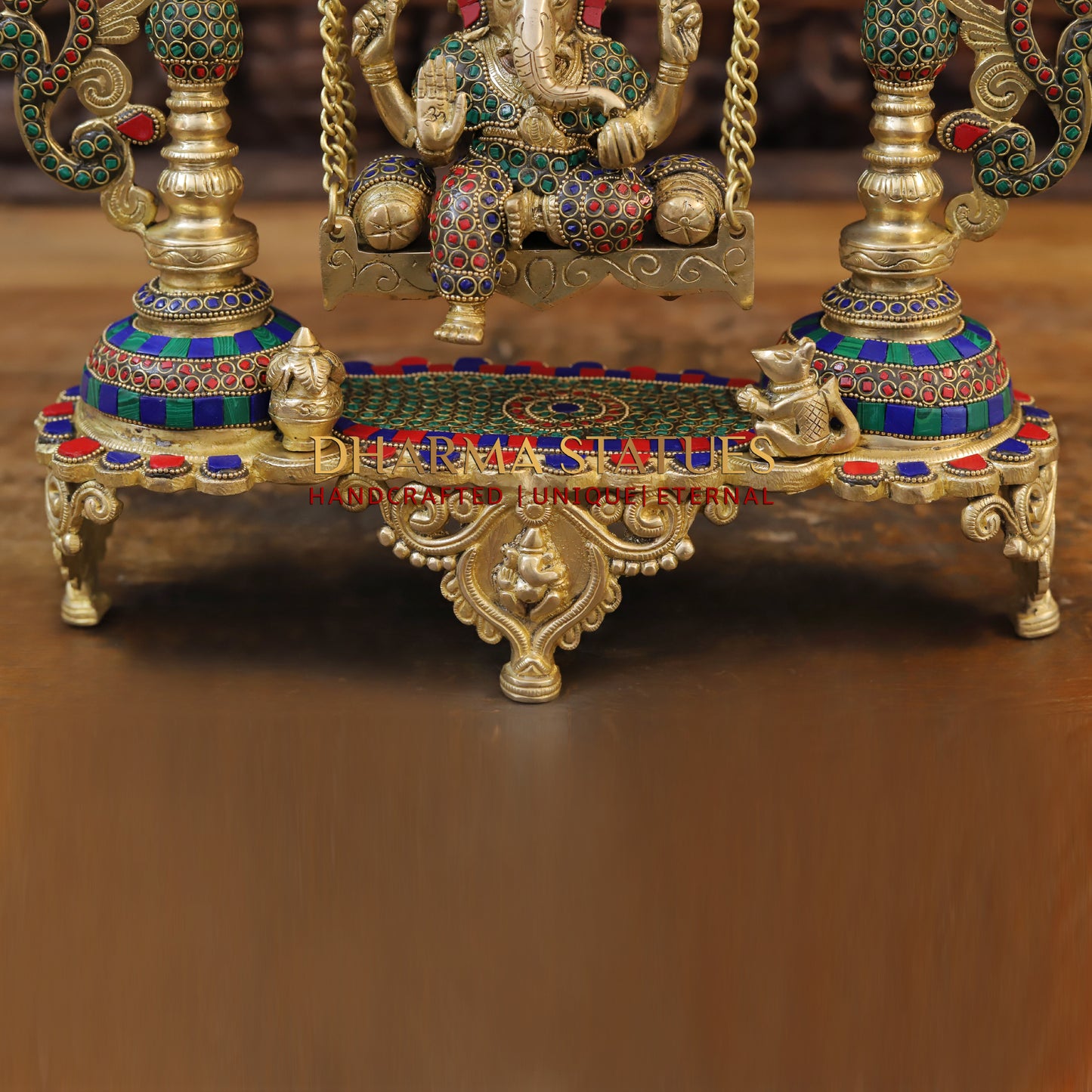 Brass Ganesh on Swing, Blessing Posture, Golden & Stonework, 19"