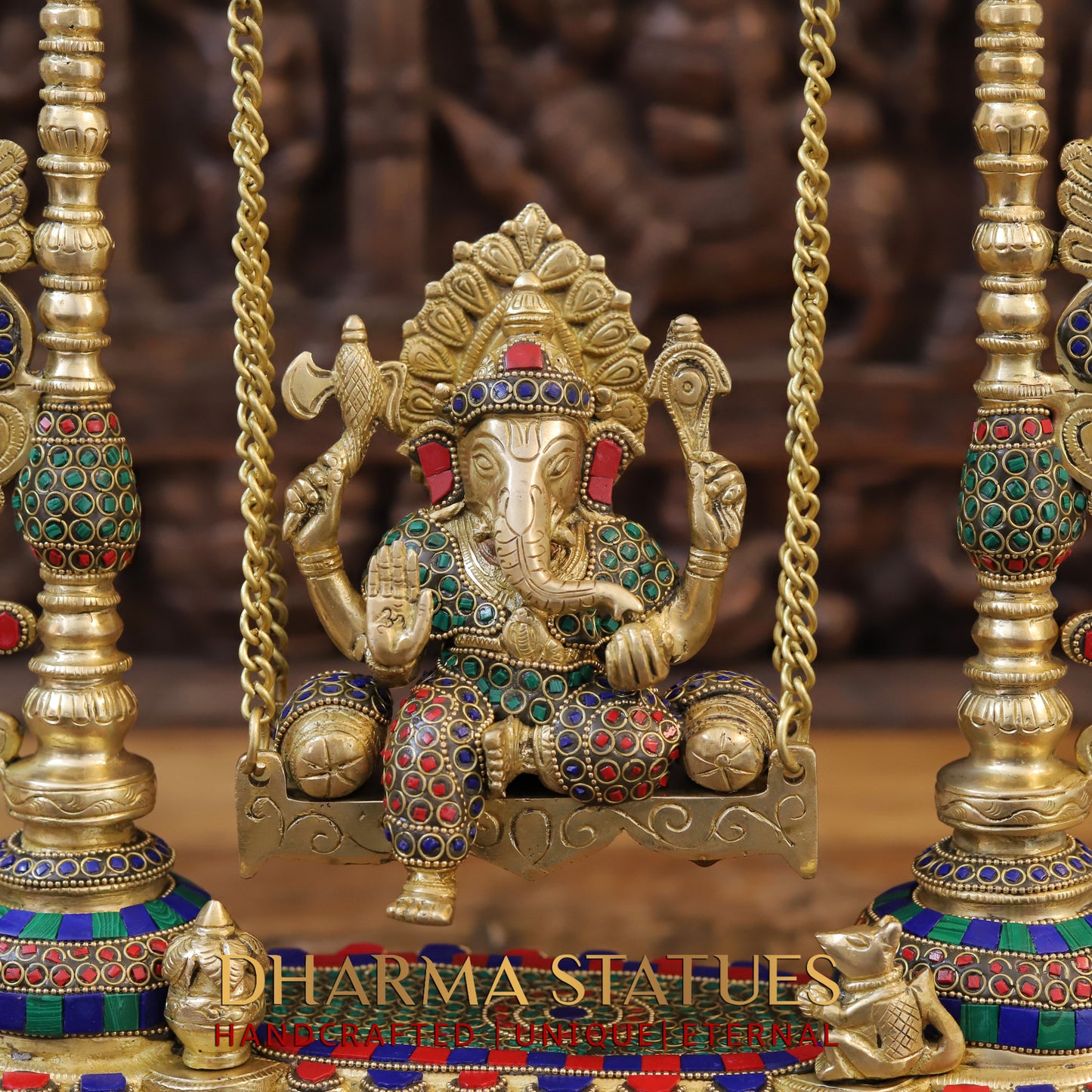 Brass Ganesh on Swing, Blessing Posture, Golden & Stonework, 19"