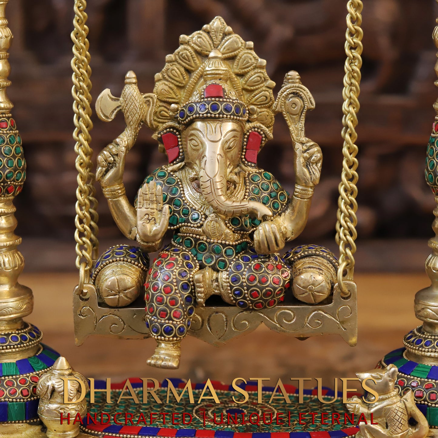 Brass Ganesh on Swing, Blessing Posture, Golden & Stonework, 19"