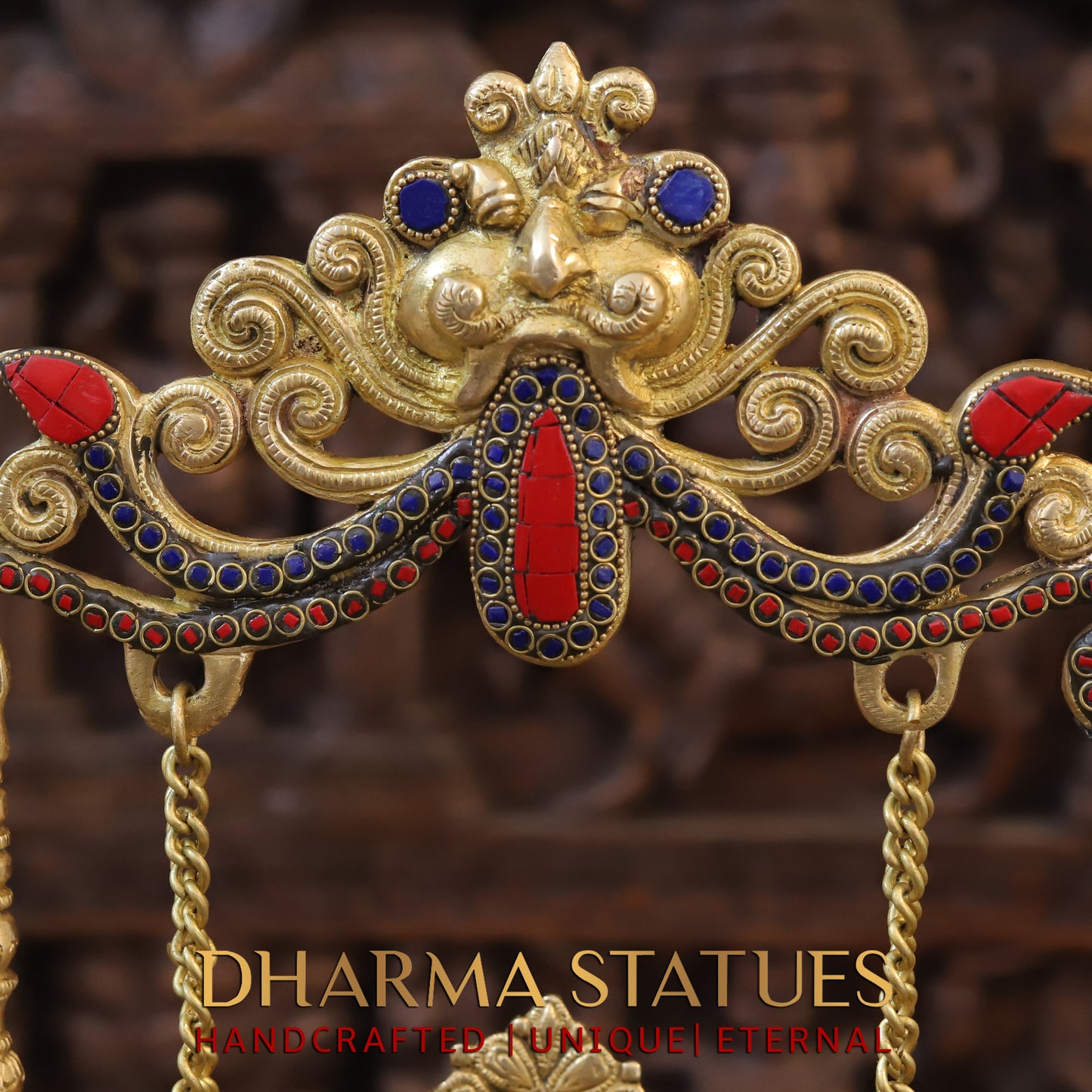 Brass Ganesh on Swing, Blessing Posture, Golden & Stonework, 19"