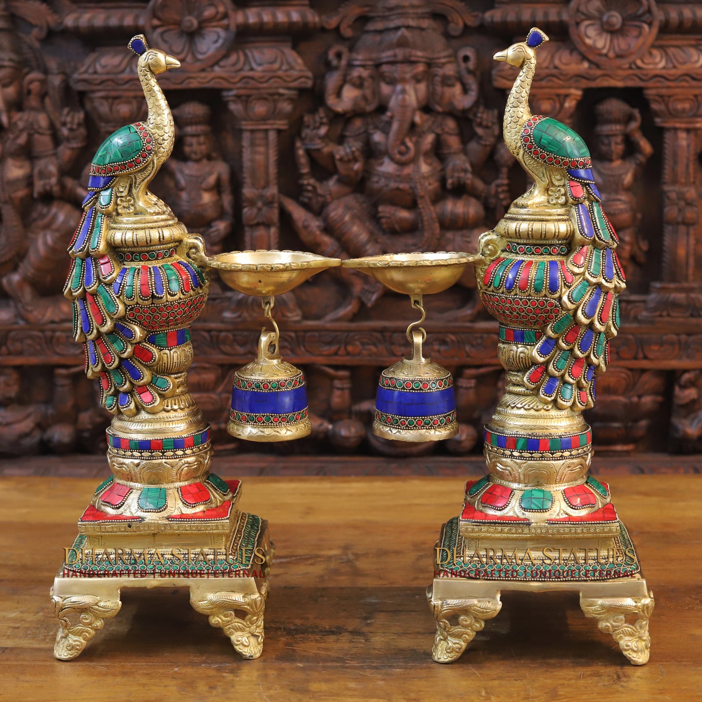 Brass Peacock Diya, Fine Stone and Golden Work 20"