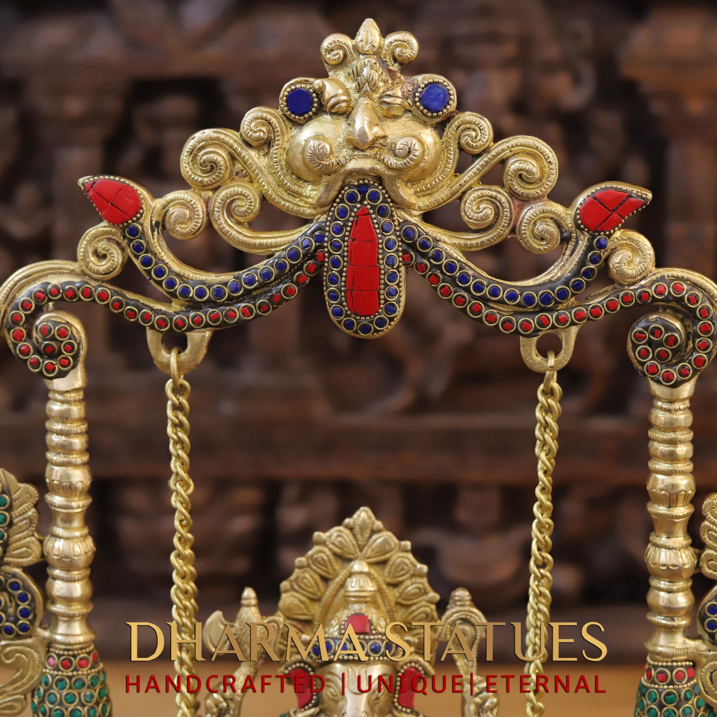 Brass Ganesh on Swing, Blessing Posture, Golden & Stonework, 19"