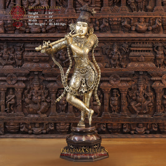 Brass Krishna playing Flute on Pedestal, Golden  & Copper Finish, 45"