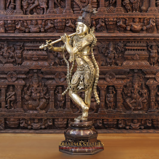 Brass Krishna playing Flute on Pedestal, Golden  & Copper Finish, 45"