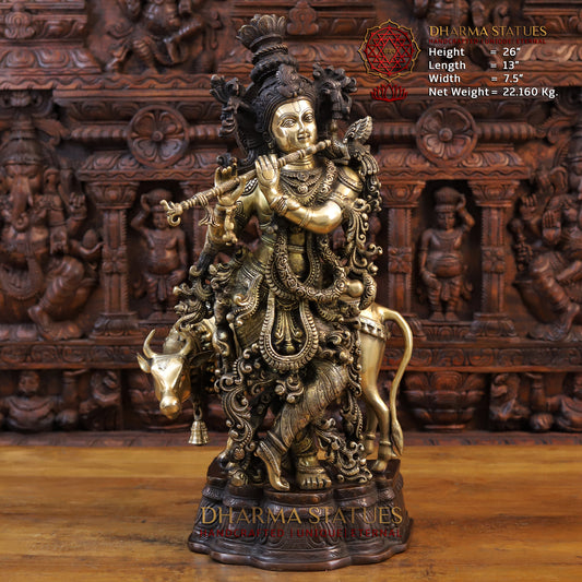Brass Krishna Statue with cow, Fine Golden Finish 26"