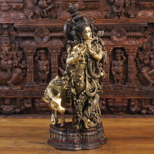 Brass Krishna Statue with cow, Fine Golden Finish 26"