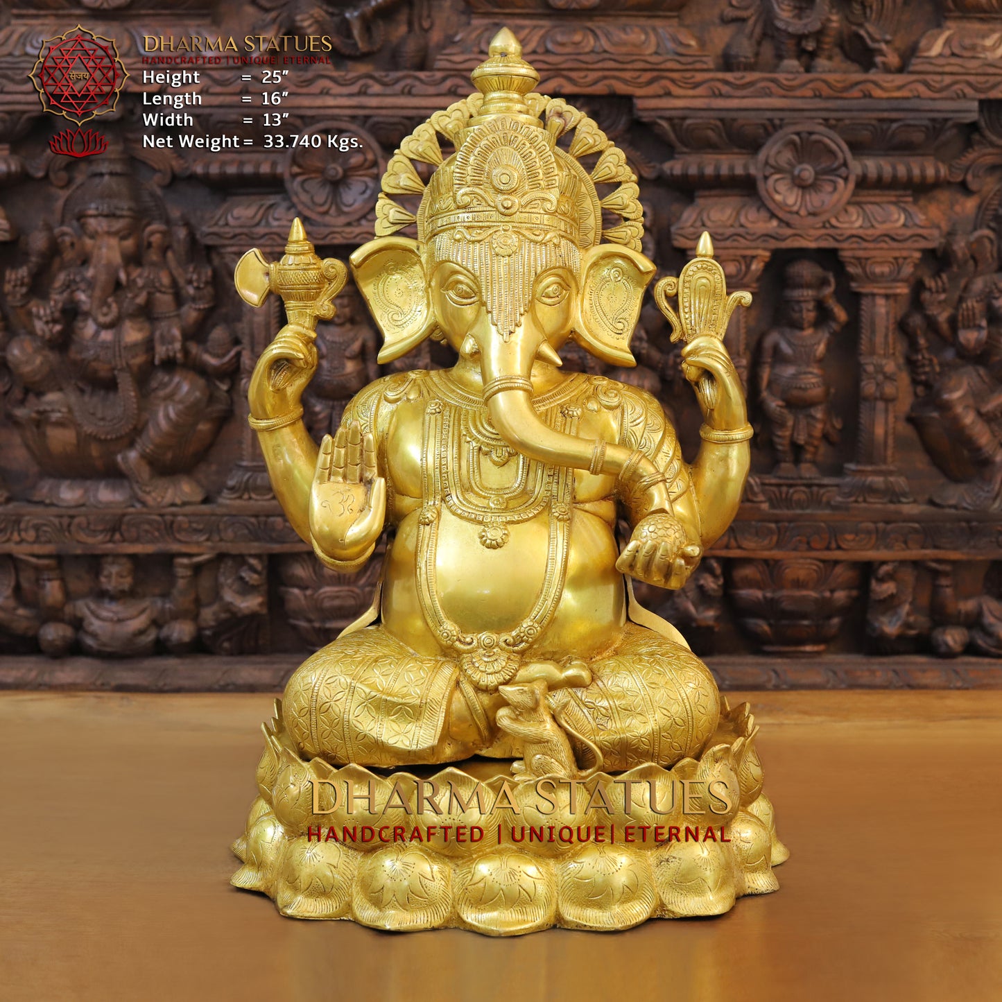 Brass Ganesh seated on Lotus, Blessing Posture, Fine Golden Finish, 25"