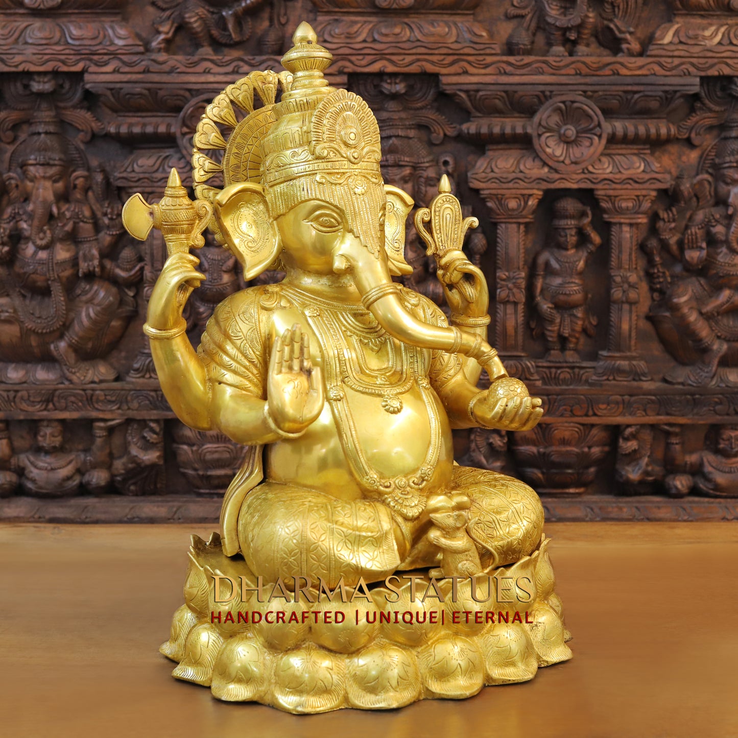 Brass Ganesh seated on Lotus, Blessing Posture, Fine Golden Finish, 25"