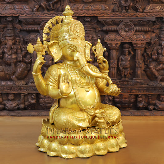Brass Ganesh seated on Lotus, Blessing Posture, Fine Golden Finish, 25"