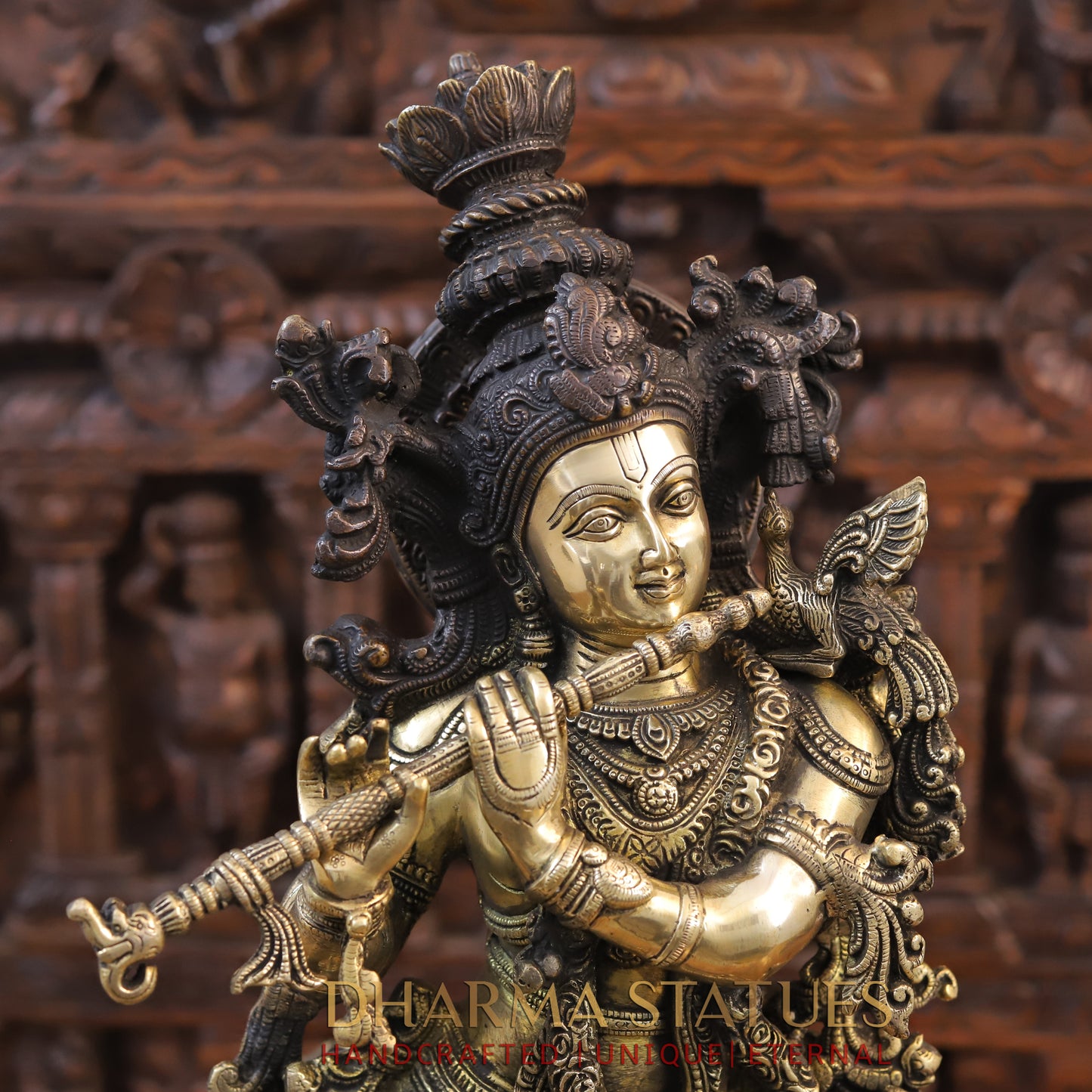 Brass Krishna Statue with cow, Fine Golden Finish 26"