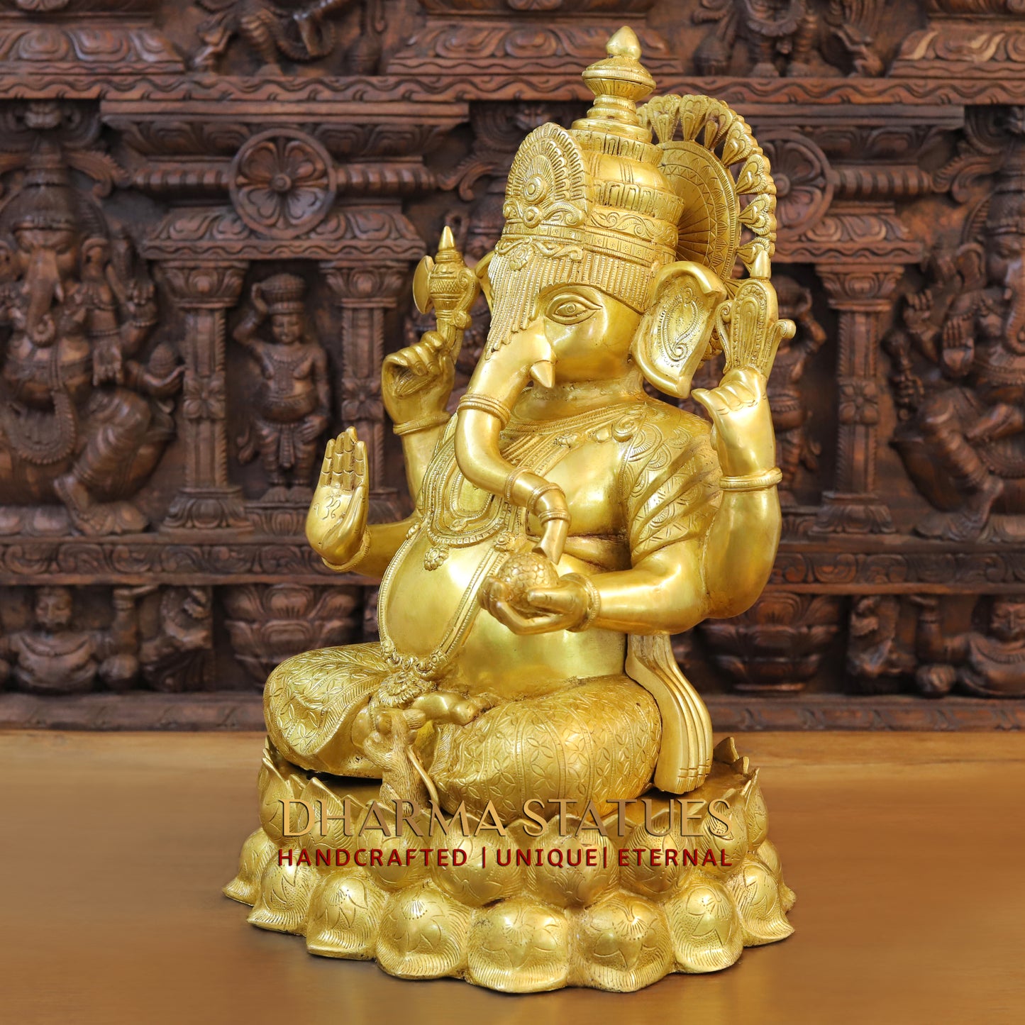 Brass Ganesh seated on Lotus, Blessing Posture, Fine Golden Finish, 25"