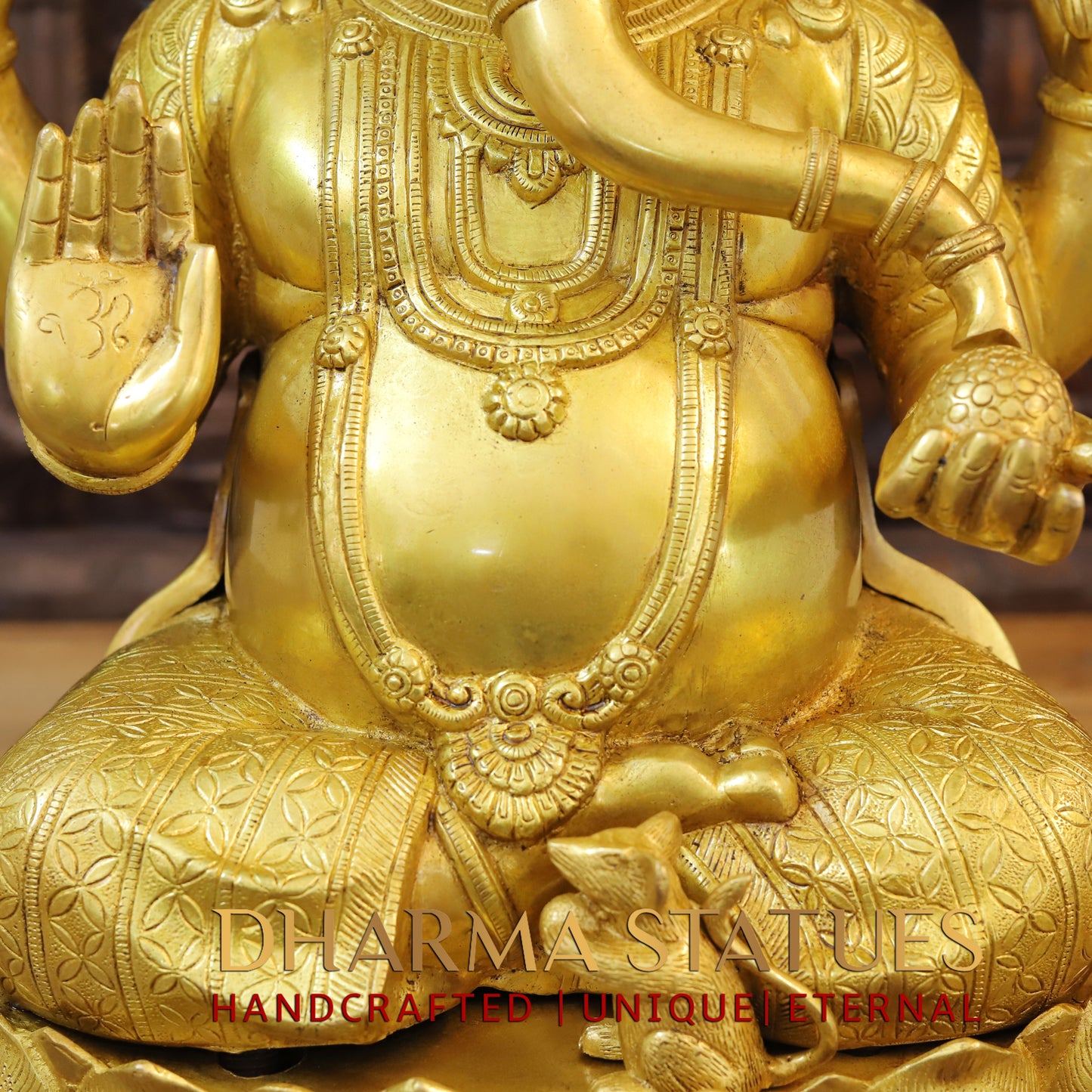 Brass Ganesh seated on Lotus, Blessing Posture, Fine Golden Finish, 25"