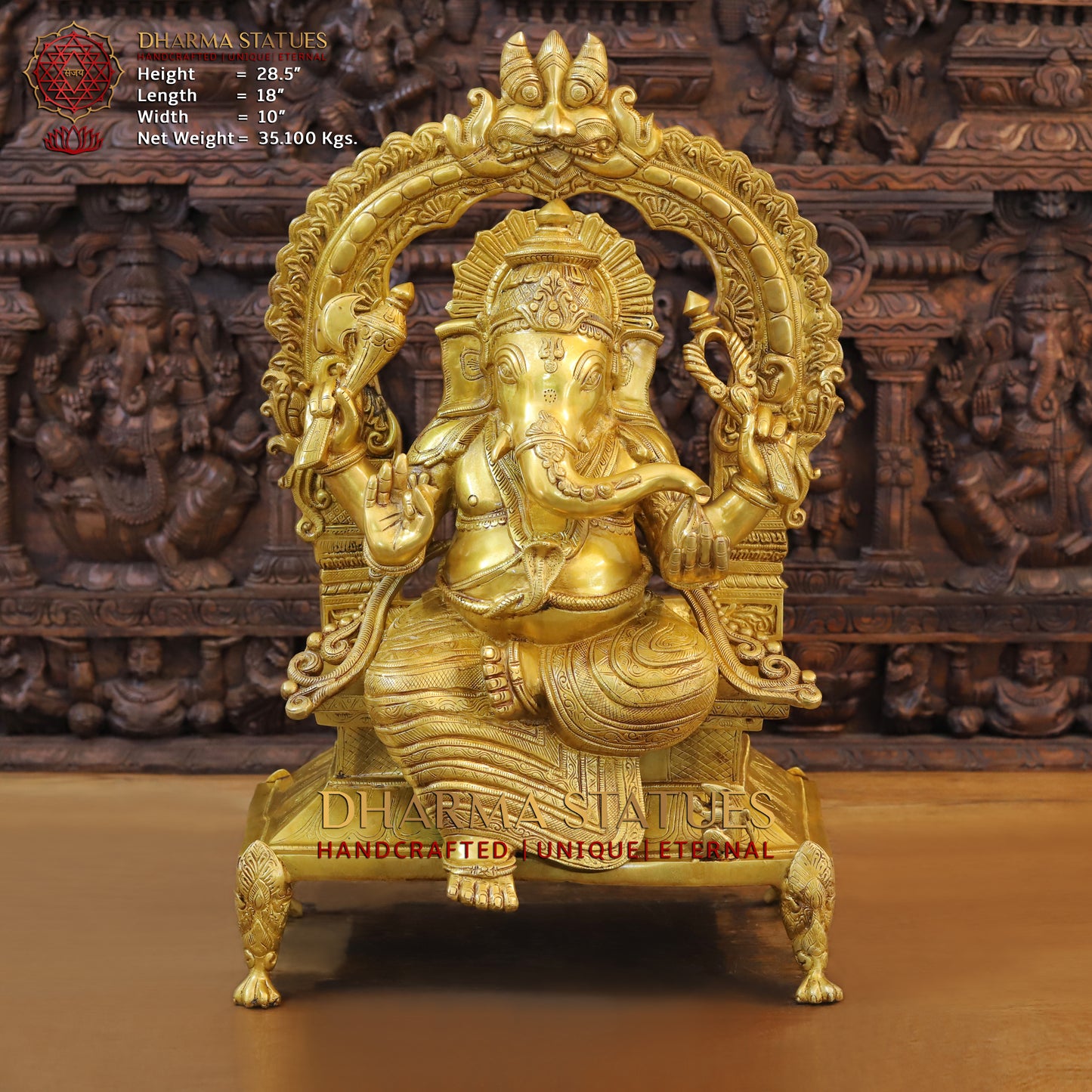 Brass Ganesh seated on Throne, Blessing Posture, Fine Golden Finish, 28.5"