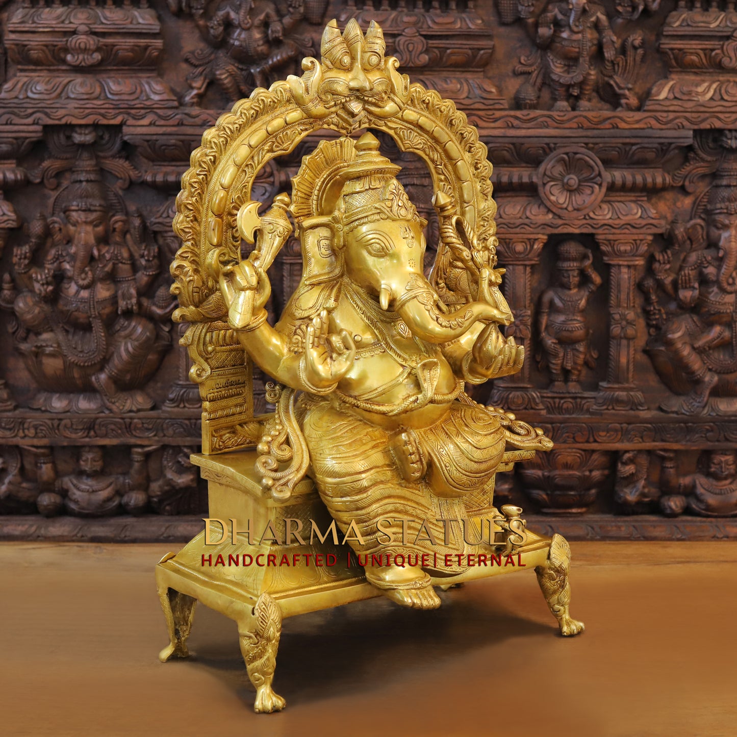 Brass Ganesh seated on Throne, Blessing Posture, Fine Golden Finish, 28.5"