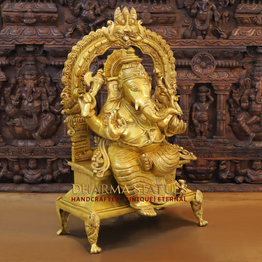 Brass Ganesh seated on Throne, Blessing Posture, Fine Golden Finish, 28.5"