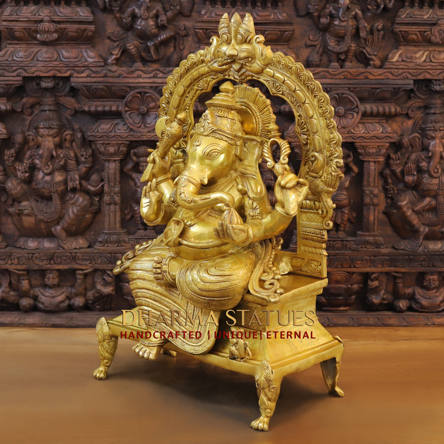 Brass Ganesh seated on Throne, Blessing Posture, Fine Golden Finish, 28.5"